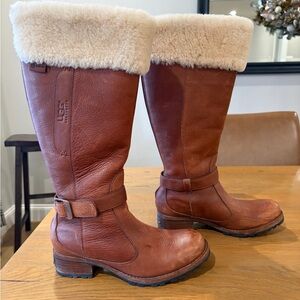 UGG Brown Leather Boots with Cream Shearling